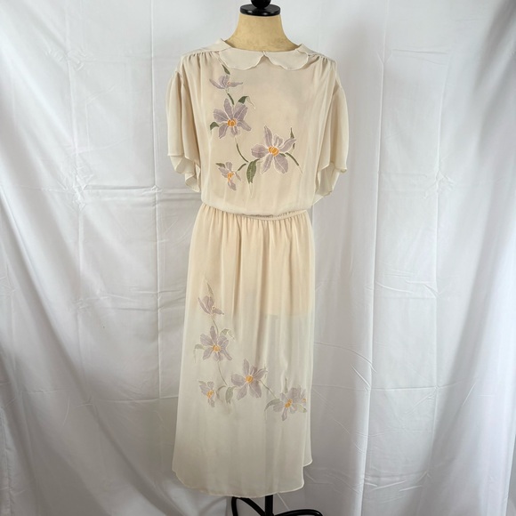 Vintage 60s cream floral midi dress wrap casual cottage plus size 24 - Picture 1 of 6